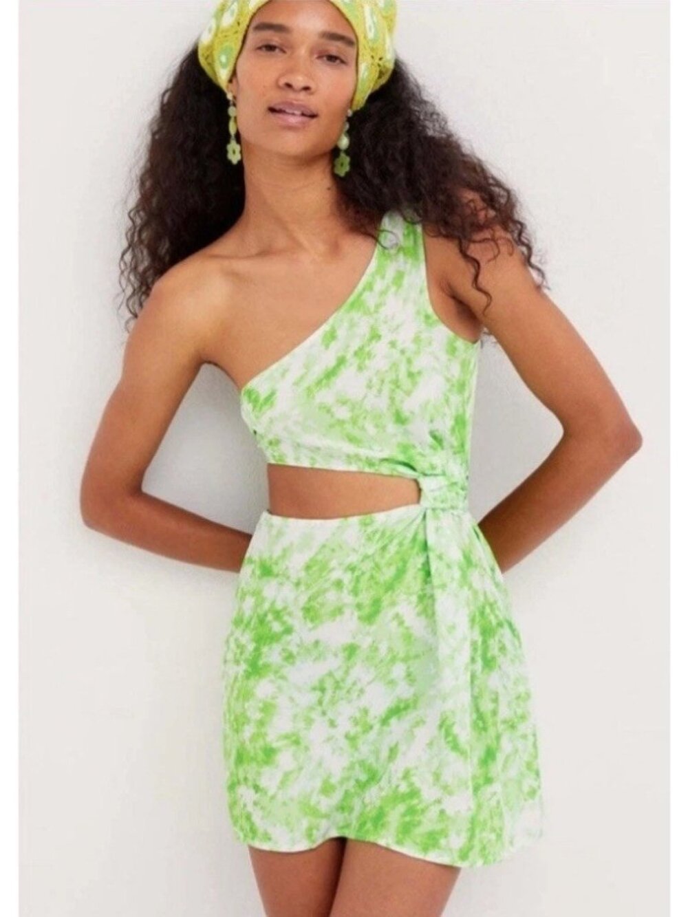 For Love & Lemons Devon Mini Dress Small Green Tie Dye One Shoulder Cutout NWT